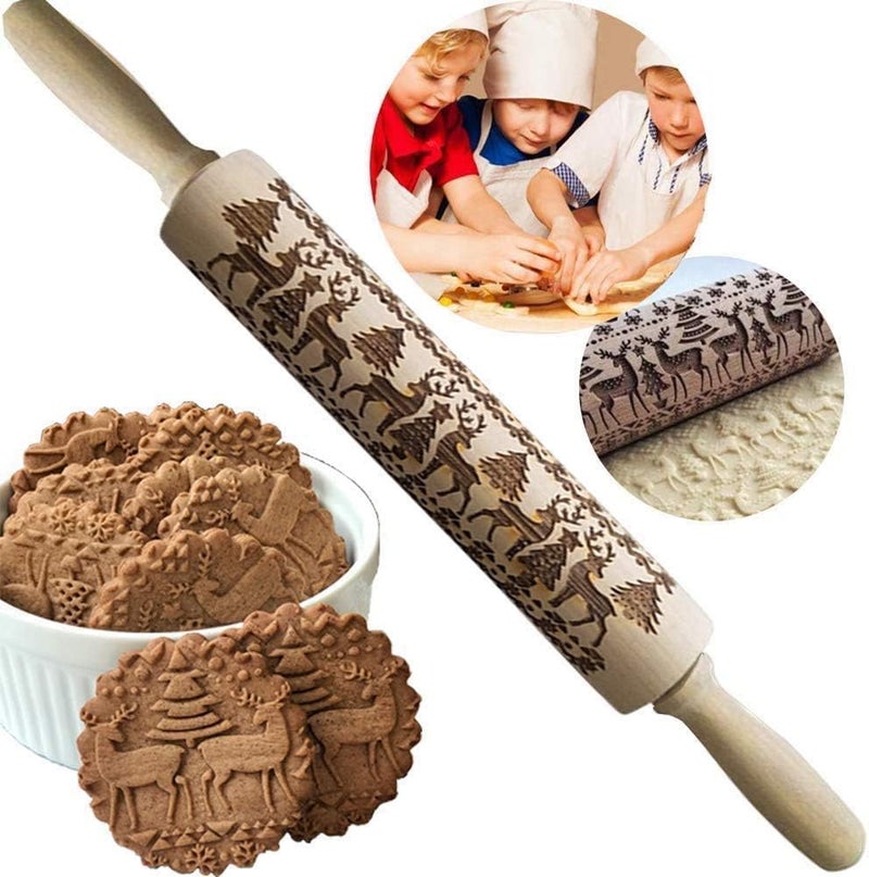 Sthrucrack Christmas Wooden Rolling Pins, Xmas 3D Reindeer Shape Decor Embossing Rolling Pin,Christmas Patterned Rolling Pin Baking Tools (Christmas Reindeer) - Image 5